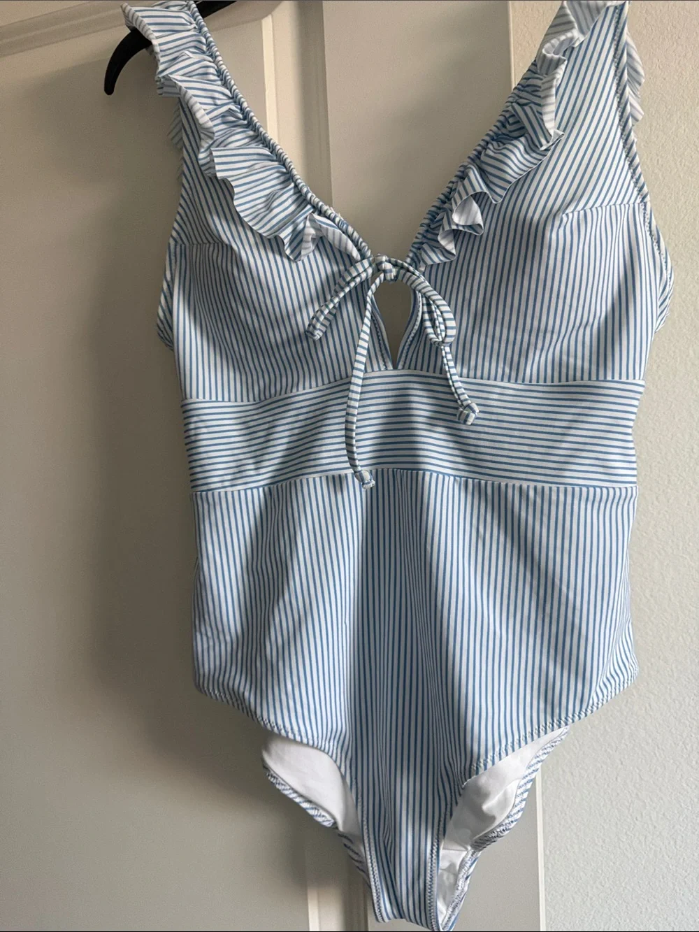 Ruffled V-Neck Blue Stripe One-Piece Swimsuit for Women